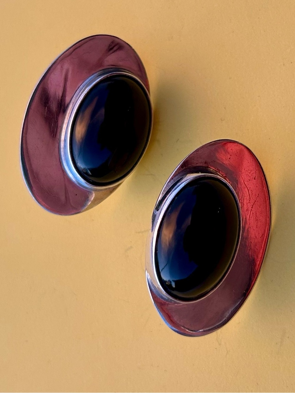 Vintage Mexico Sterling Silver & Black Onyx Cabochon Oval Statement Earrings
